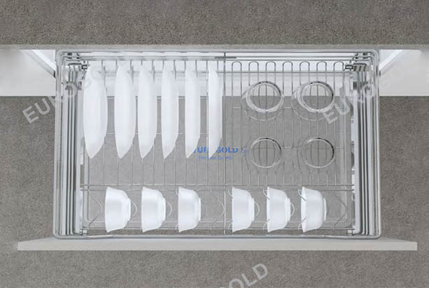 Giá bát đĩa inox nan âm tủ - Gắn cánh, ray giảm chấn Eurogold