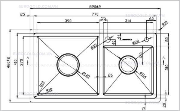 chau rua bat EUP18246 3 Kích thước chậu rửa bát EUP18246