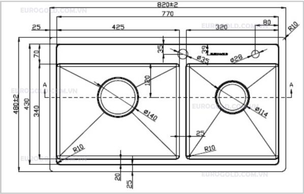 chau rua bat EUP28248 3 kích thước Chậu rửa bát EUP28248