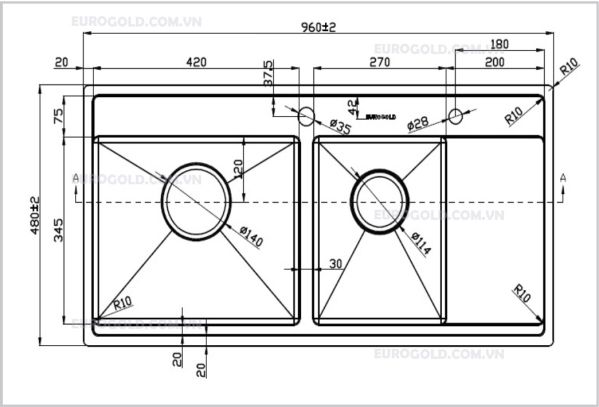 kích thước chậu rửa bát EUP39648