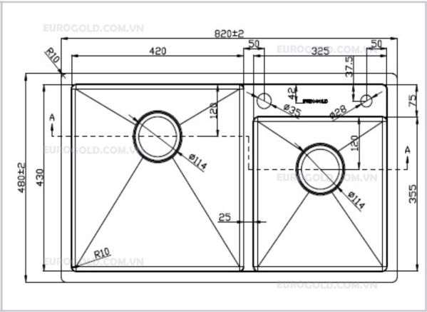 kích thước chậu rửa bát EUS28248