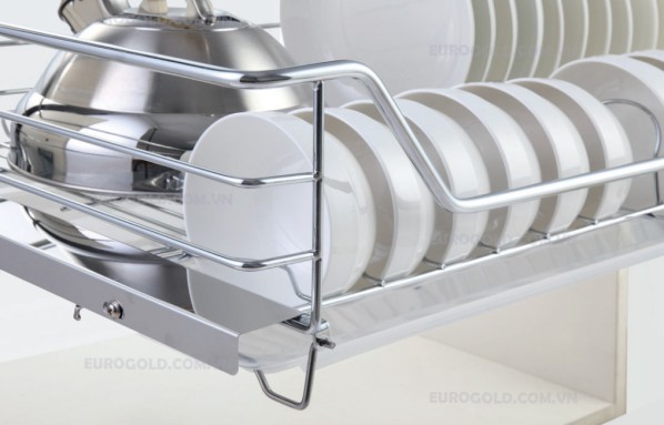giá bát đĩa inox nan âm tủ gắn cánh ray giảm chấn Eurogold