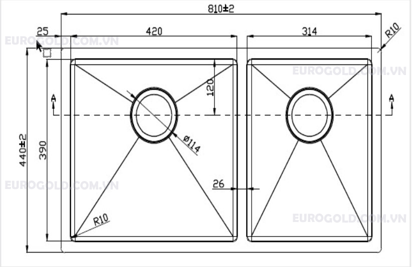 Hình ảnh kĩ thuật chậu rửa bát Eus68144